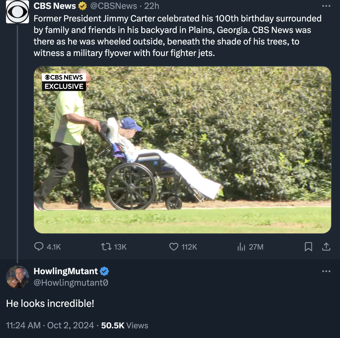 screenshot - Cbs News 22h Former President Jimmy Carter celebrated his 100th birthday surrounded by family and friends in his backyard in Plains, Georgia. Cbs News was there as he was wheeled outside, beneath the shade of his trees, to witness a military 